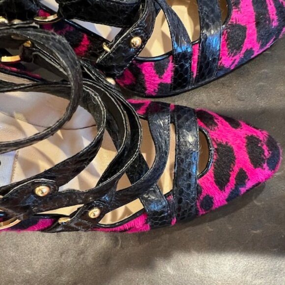 Jimmy Choo SZ 6 Fuchsia & Black Calf Hair Cheetah Print Heels - Picture 7 of 9